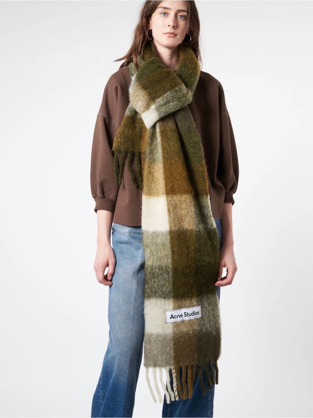 Acne Studios Olive and Cream Check Wool Scarf